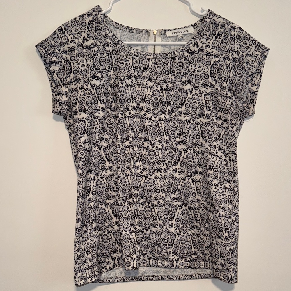Rose + Olive Navy and White Floral Short Sleeve Top
